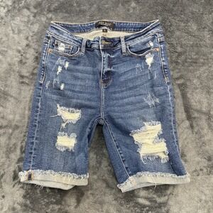 Judy Blue  Women's Distressed Stretch Denim Shorts Blue Frayed Hem Size Large